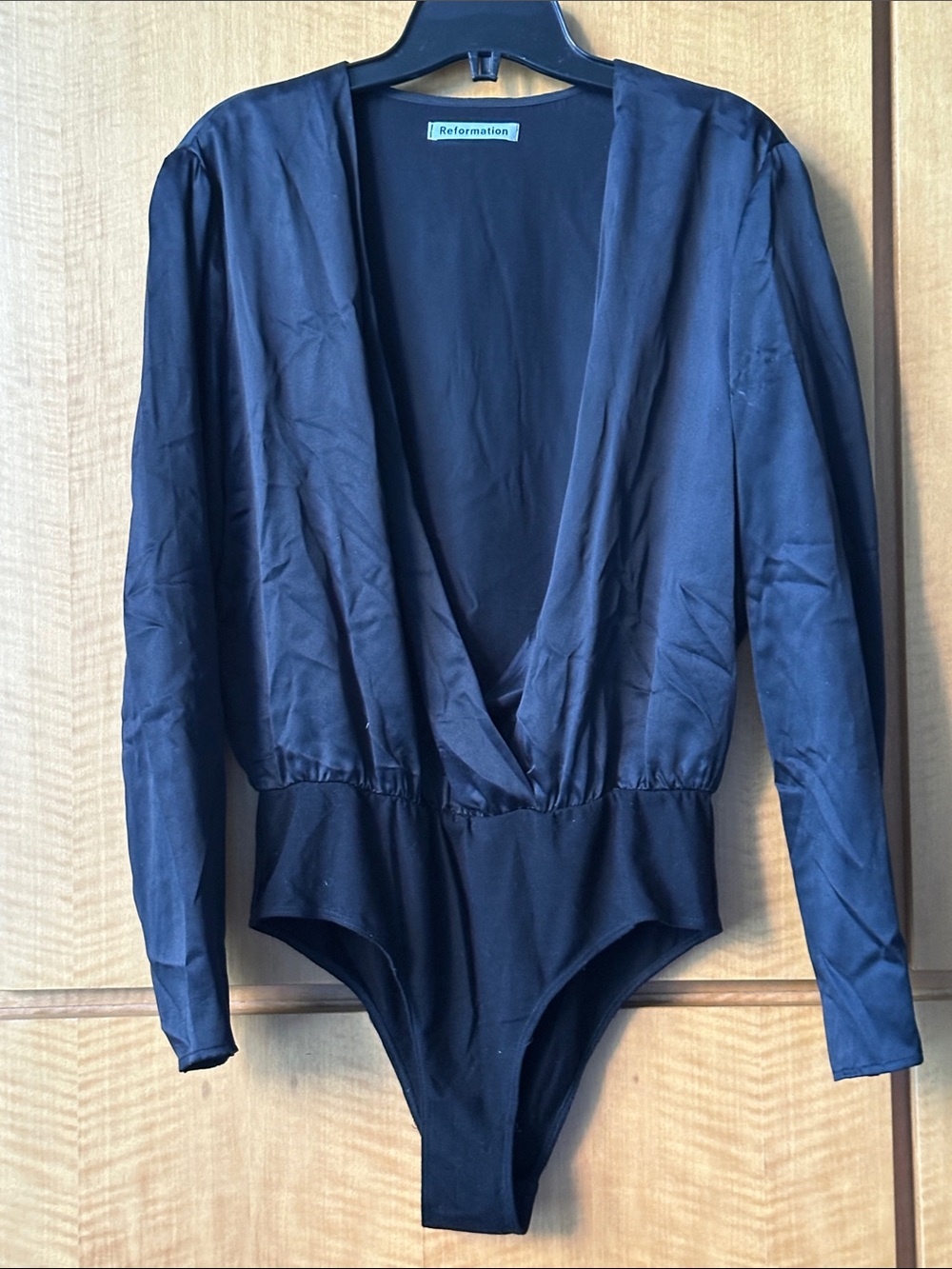 Reformation Satin Deep-V Long Sleeve Black Bodysuit M
